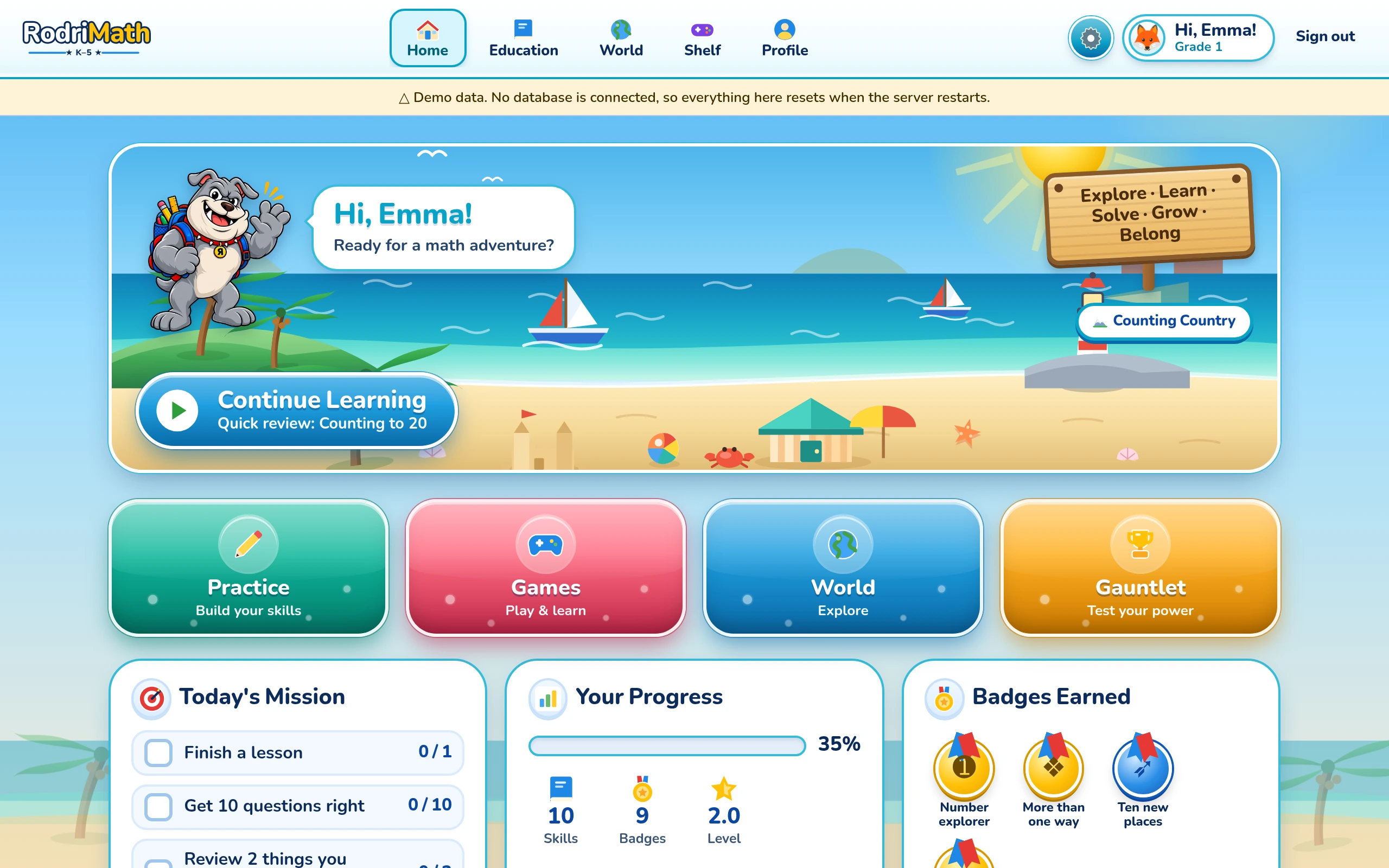 A first-grader's home screen: a beach scene, 'Hi, Emma! Ready for a math adventure?', a Continue Learning button, today's mission, your progress, badges earned, and a card asking for the class code from the board for the new school year.