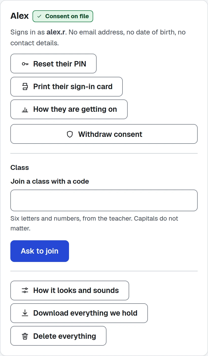 A child's card on the account page: consent on file, signs in as alex.r, no email address, no date of birth, no contact details. Buttons to reset their PIN, withdraw consent, join a class, download everything we hold, and delete everything.