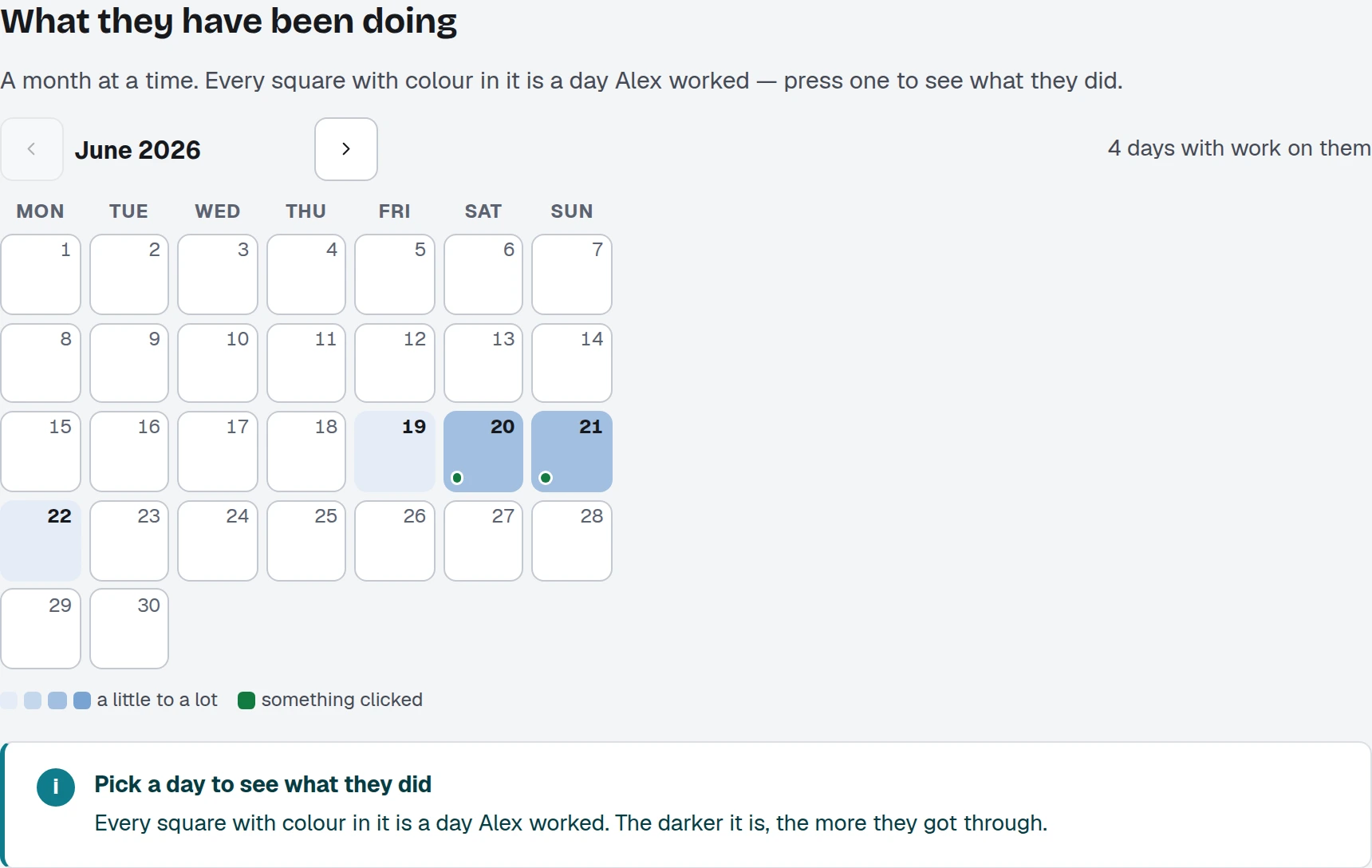 What they have been doing: a calendar of the days Alex worked, one square per day, with a note to pick a day to see what they did.