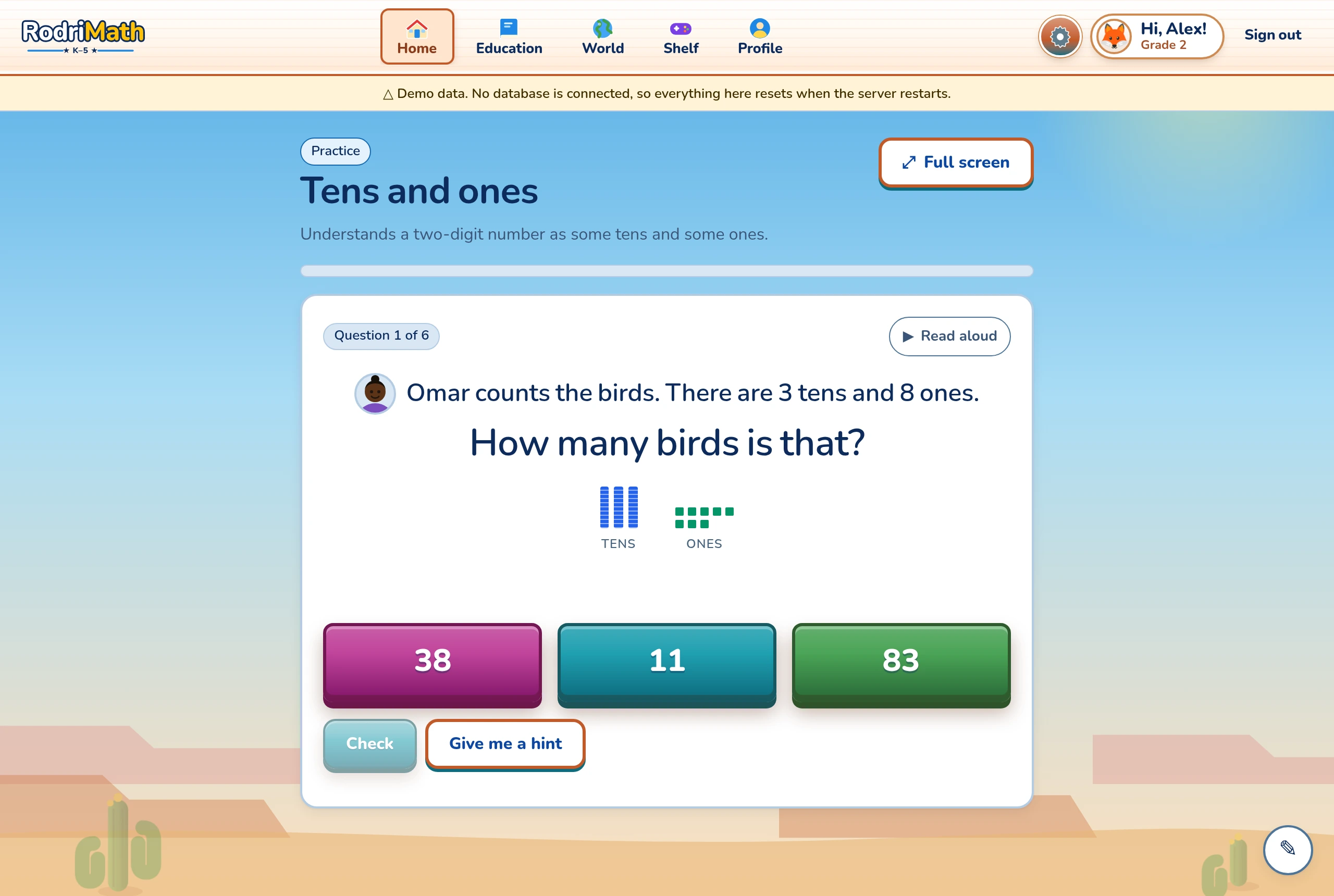 Guided practice: 'How many tens are in 41?' with base-ten blocks drawn, four answer tiles, a hint reading 'Build the number with blocks first', and the response '41 is 4 tens and 1 one.'