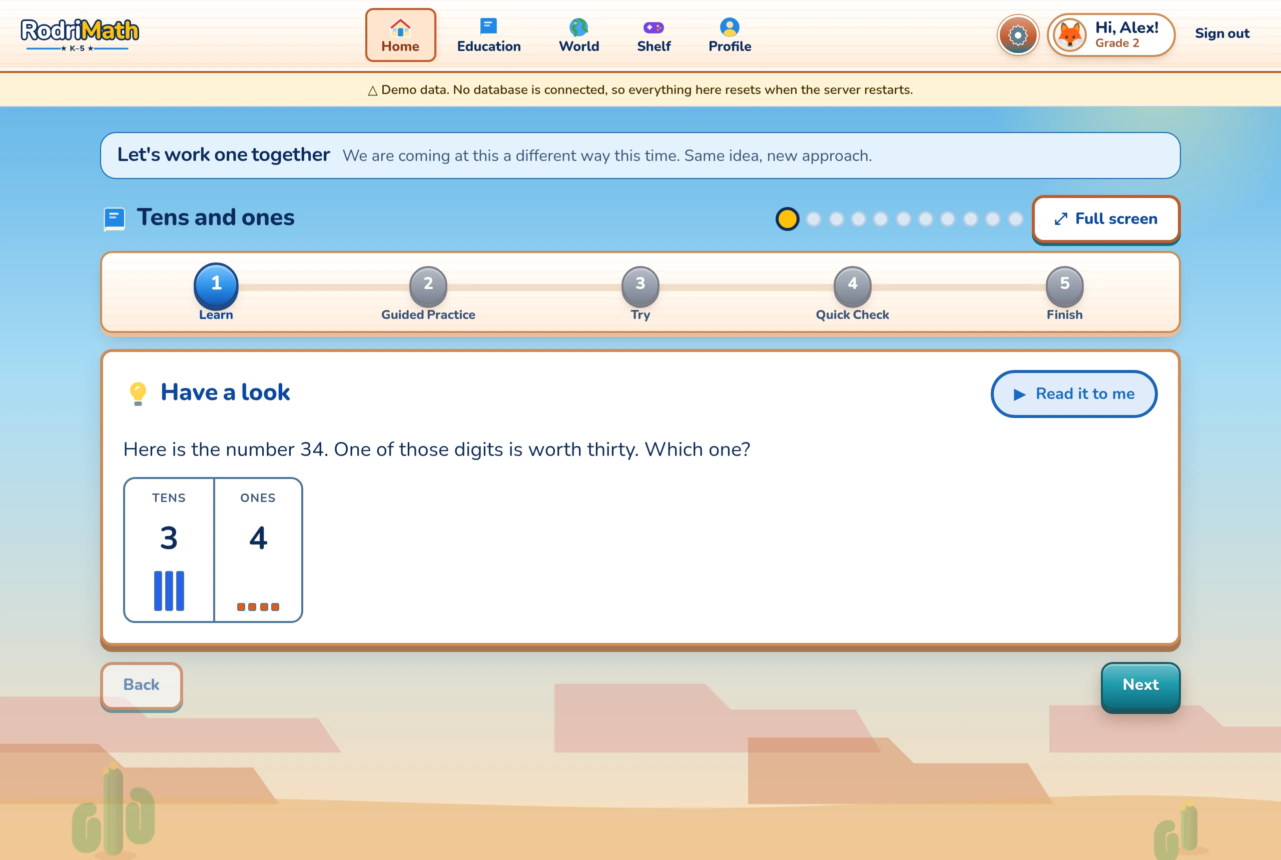 A lesson's first step, 'Have a look': 'Someone wrote twenty-four as 42. What went wrong?' beside a tens-and-ones chart with two rods and four cubes. Five stages across the top: Learn, Together, Try, Check, Finish.